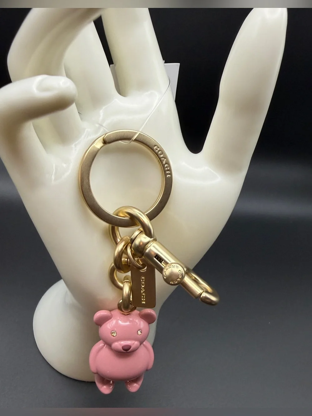 Coach Pink Bear Charm Key Ring with Gold Hardware